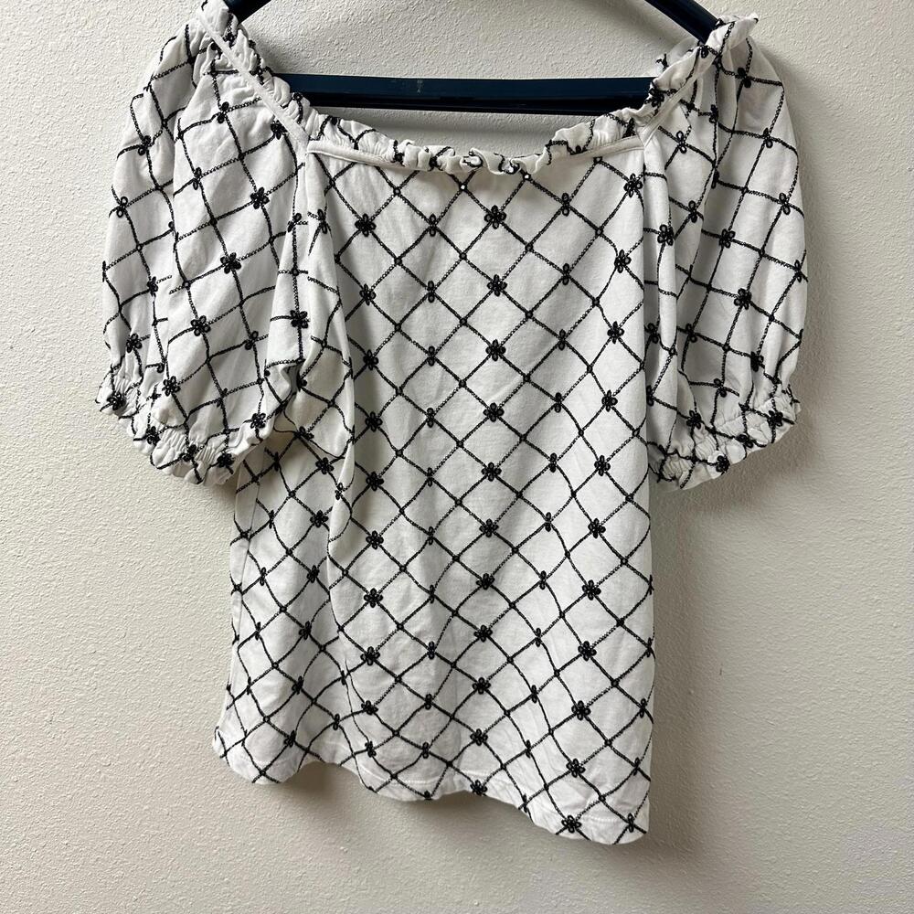 Ann Taylor Babydoll Top Small White Black Milkmaid Ruffled Boho Preppy Y2K - Picture 2 of 8